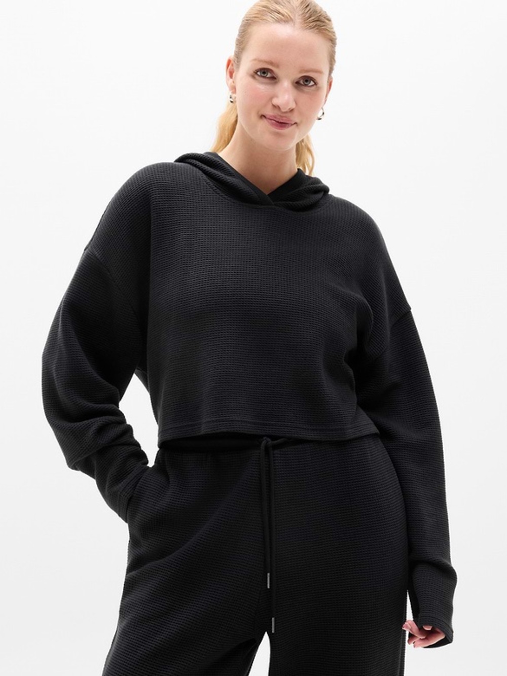 Athleta Black Cropped Waffle-Knit Hoodie size XS